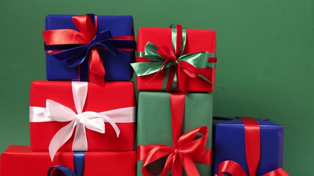 Woman taking gift box from stack against green background, closeup. Merry Christmas and Happy New Year