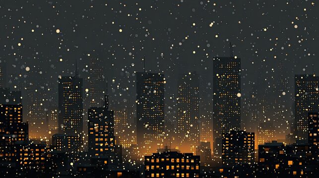 A snowy cityscape at night, featuring tall buildings illuminated by warm lights against a backdrop of falling snowflakes.