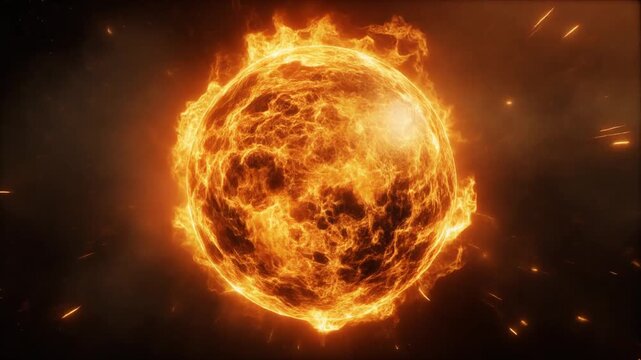 Explosive Fiery Sun Sphere with Solar Flares and Plasma Arcs in Deep Space, Glowing Stellar Energy Ball on Dark Cosmic Background