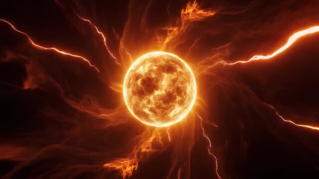 Explosive Fiery Sun Sphere with Solar Flares and Plasma Arcs in Deep Space, Glowing Stellar Energy Ball on Dark Cosmic Background