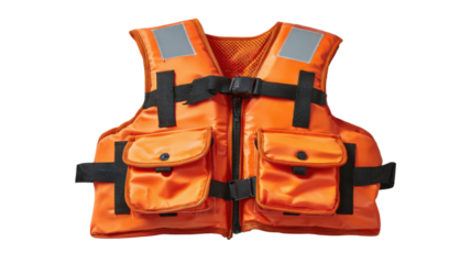 Orange life jacket providing essential water safety and buoyancy for rescue and survival on transparent background