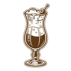 Vintage hand drawn illustration of a coffee cocktail with cherry garnish and foam in glass