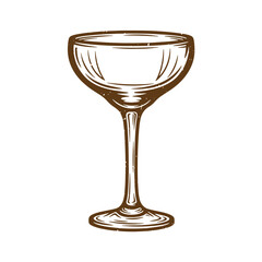 Vintage sketch illustration of a classic empty coupe cocktail glass on white background