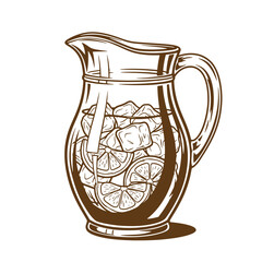 Vintage sketch illustration of a glass pitcher filled with lemon slices and ice cubes