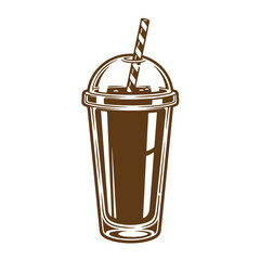 Vintage sketch illustration of a iced coffee drink with straw in a clear cup