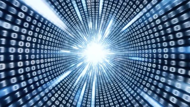 Digital binary code flowing from a central light source. Abstract computer data visualization