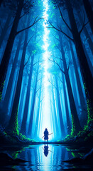 Samurai silhouette in glowing blue forest path