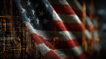 A digital representation of the American flag intertwined with technological circuitry, symbolizing the fusion of patriotism and innovation.