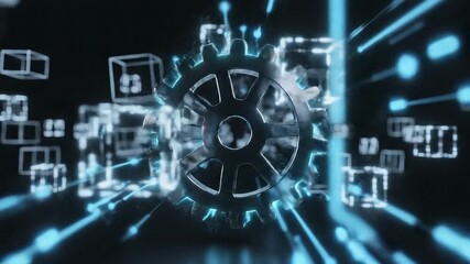 Futuristic digital network with a central gear processing glowing data cubes, symbolizing innovation,automation, and industrial technology - Powered by Adobe