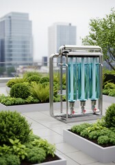 A futuristic photobioreactor on a modern city rooftop