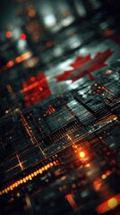 Obraz premium A digital representation featuring a Canadian flag overlaid on a high-tech circuit board design, blending technology and national identity.