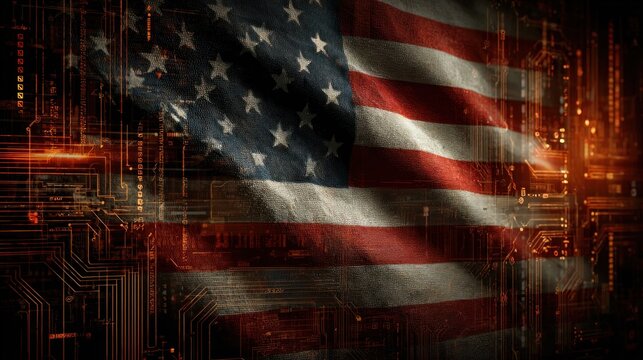 A digital representation of the American flag intertwined with circuit patterns, symbolizing technology and patriotism.
