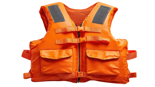 Orange personal flotation device for water safety, providing protection and security while boating or during emergencies