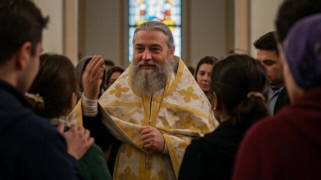 Bearded priest in ornate vestments speaking to a congregation in a church