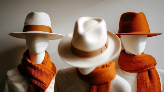 Medium shot showcasing mannequins styled in trendy seasonal ensembles with matching hats and scarves set against a minimalist background.