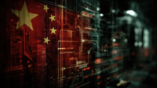 A digital representation featuring circuitry and a prominent Chinese flag, symbolizing technology and national identity.