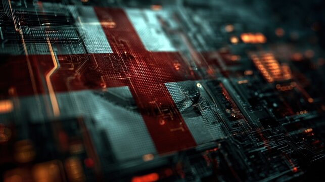 An abstract digital artwork featuring a circuit board design with a prominent red and white cross pattern, suggesting themes of technology and innovation.