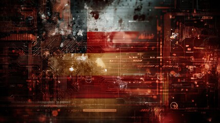 An abstract digital background featuring a blend of circuits and textures in red and black hues, evoking a sense of technology and innovation.