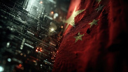 A close-up view combining a circuit board pattern with the Chinese flag, symbolizing the intersection of technology and national identity.