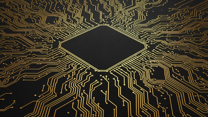 Golden circuit board on black background