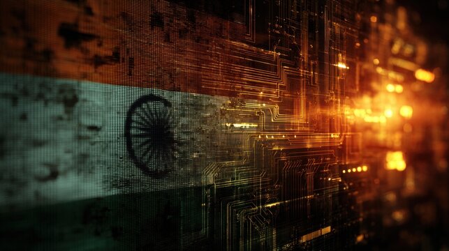 A digital representation featuring circuitry and light, integrating the design of a flag in a technological context.