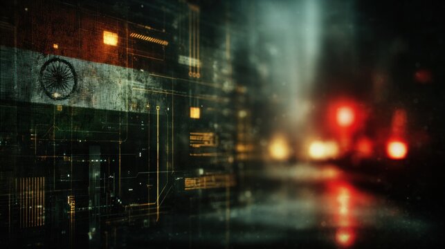 A digital abstract featuring a blend of technology and the Indian flag, with glowing circuits and blurred lights in a dark environment. - Powered by Adobe