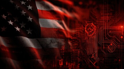 A digital representation blending the American flag with circuit patterns, showcasing a fusion of patriotism and technology in bold red tones.