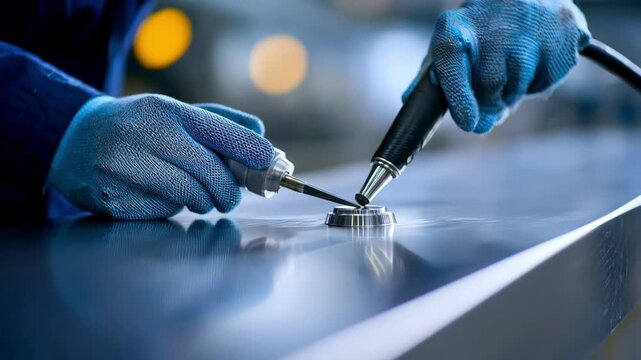 Medium shot of a specialist applying ultrasonic testing on metal surfaces to detect hidden flaws prior to sale.