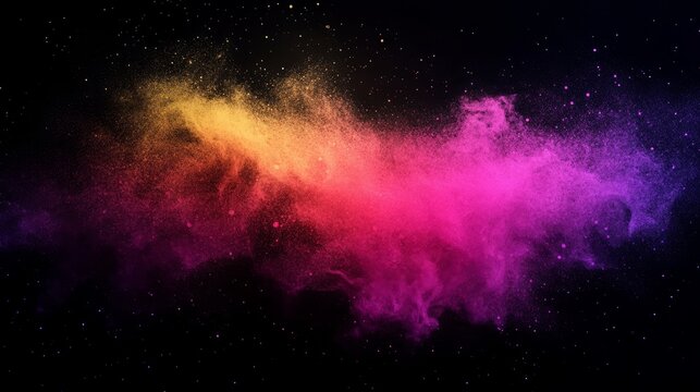 Vibrant explosion of colorful powder against a stark black background