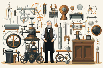 Victorian Inventors Workshop with Steampunk Gadgets isolated