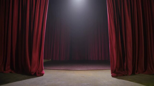 Red velvet stage curtains partially open with a single spotlight illuminating the dark stage floor, ready for a performance.