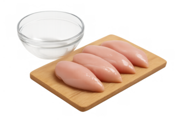 Raw chicken fillets on a wooden cutting board with an empty glass bowl, preparing fresh poultry meat for cooking