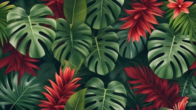 Vibrant seamless pattern of lush green Monstera leaves and exotic red tropical flowers creating a dense jungle background