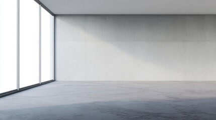 Obraz premium A minimalist interior space with large windows, showcasing a concrete wall and floor, emphasizing simplicity and natural light.