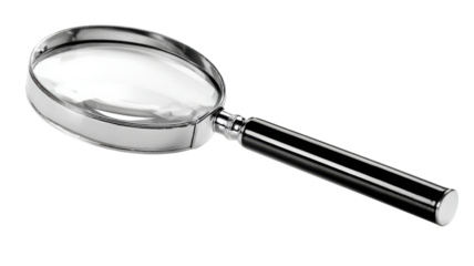 Magnifying glass offering a loupe for search, inspection, discovery, and analysis, on transparent background