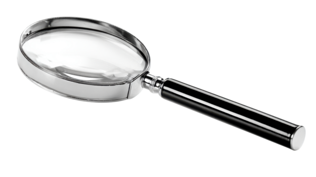 Magnifying glass offering a loupe for search, inspection, discovery, and analysis, on transparent background