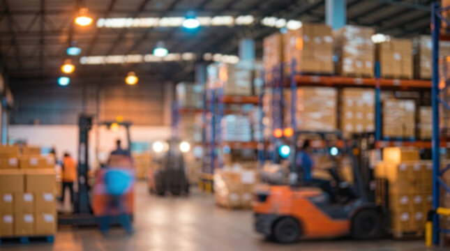 Busy warehouse operations with blurred forklifts and workers managing inventory - Powered by Adobe