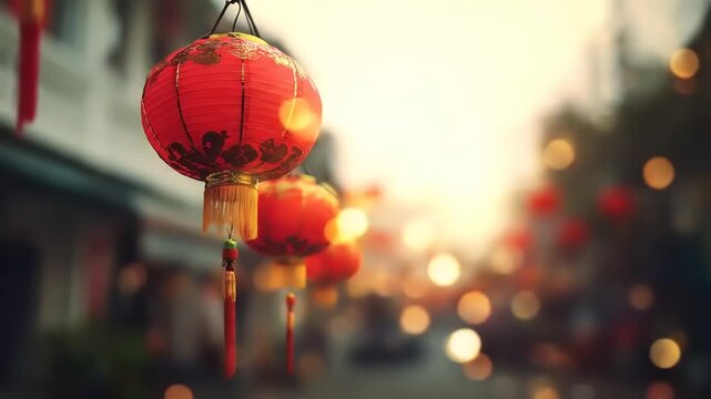 Red lanterns hanging outdoors with soft sunlight and bokeh effect