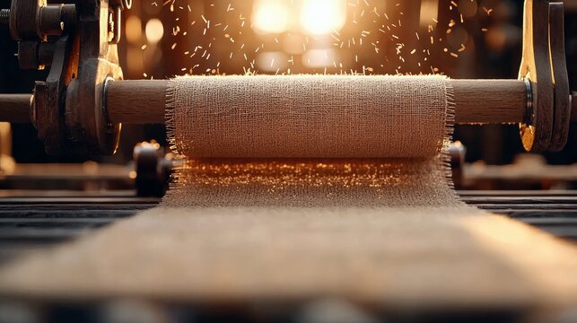 Close-up of a textile machine rolling fabric, with warm lighting and a workshop setting.