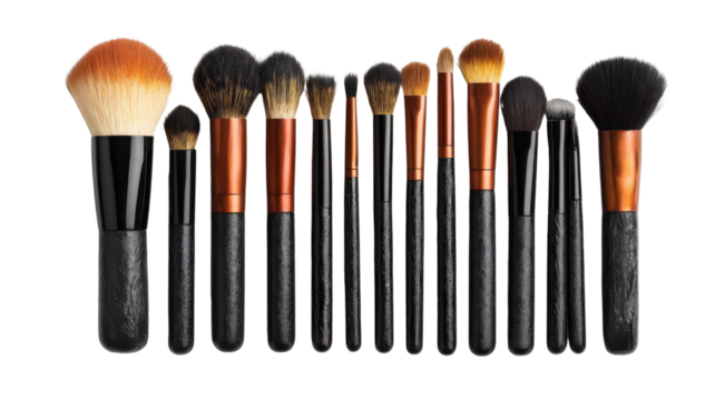 Professional cosmetic makeup brushes set for beauty and facial application with a transparent background