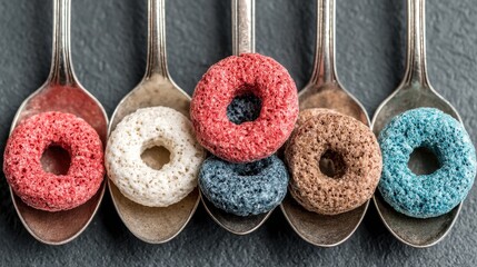 Close Up View of Colorful Cereal Rings on Silver Spoons Arranged Against a Dark Background