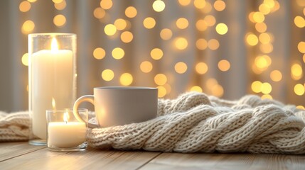 Cozy winter scene  soft beige blanket, warm drink, and ambient lights for ultimate relaxation vibe