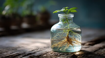 carboy. Clear glass carboy with floating green plant and visible roots on rustic wooden surface. gardening catalogs, home-decor guides, designed for home decor and floral branding.