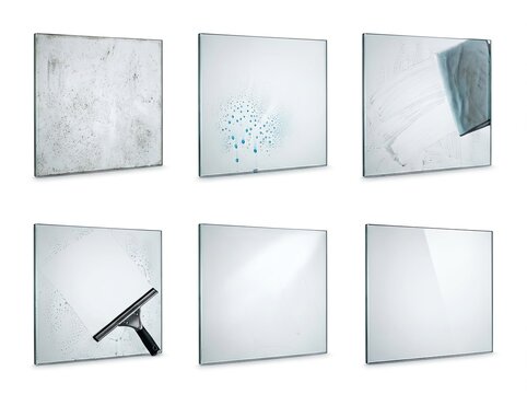 Sequential images demonstrating the cleaning process of a dirty glass window