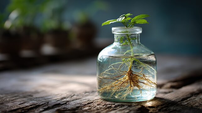 carboy. Clear glass carboy with floating green plant and visible roots on rustic wooden surface. gardening catalogs, home-decor guides, designed for home decor and floral branding.