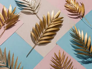 Creative metallic palm leaves flat lay on pastel backgrounds realistic photo
