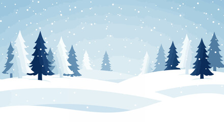 Fototapeta premium A beautifully stylized vector illustration depicts a serene winter forest landscape featuring snow-covered evergreen trees and gentle falling snowflakes.