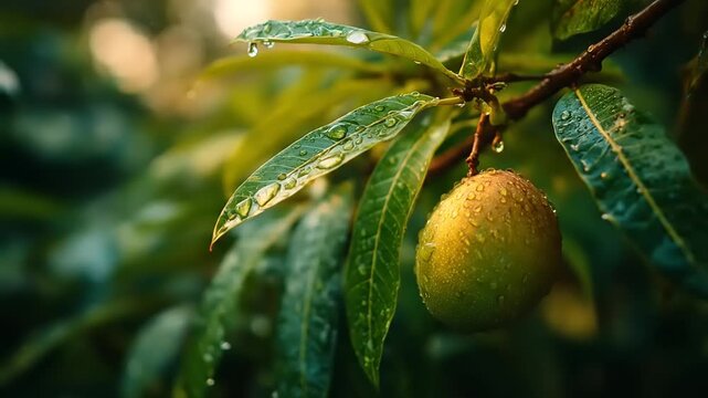 Ripe mango fruit with water drops hanging on branch green leaves