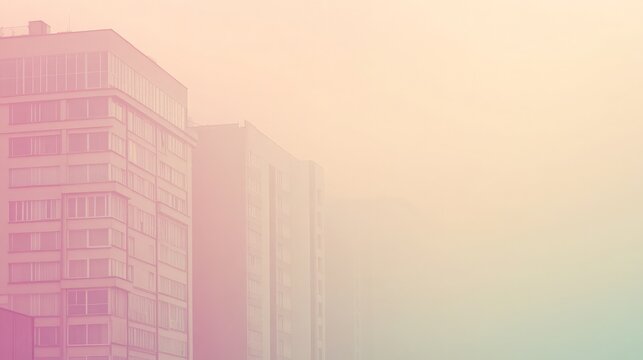 Softly lit tall building facade with pastel hues and foggy atmosphere