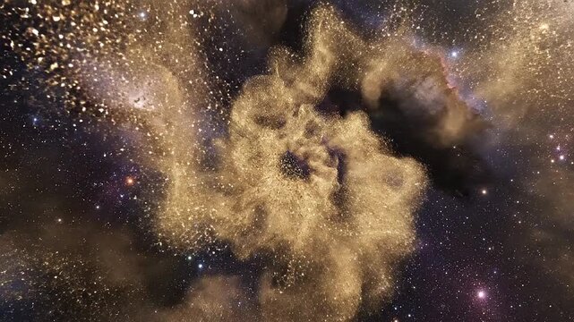 Celestial imagery mirrors slow motion of swirling gold dust suspended in dark galaxies.
